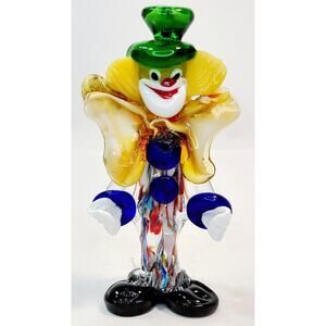 Vintage Murano Art Glass 8.25" Tall Clown With Green Hat Yellow Bow Colorful
